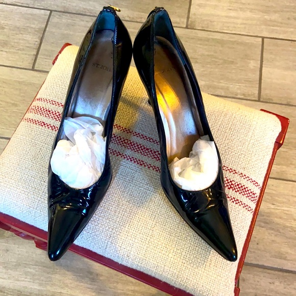 St. John Shoes - St. John Black Patent Leather Gold Heel Pumps 9.5